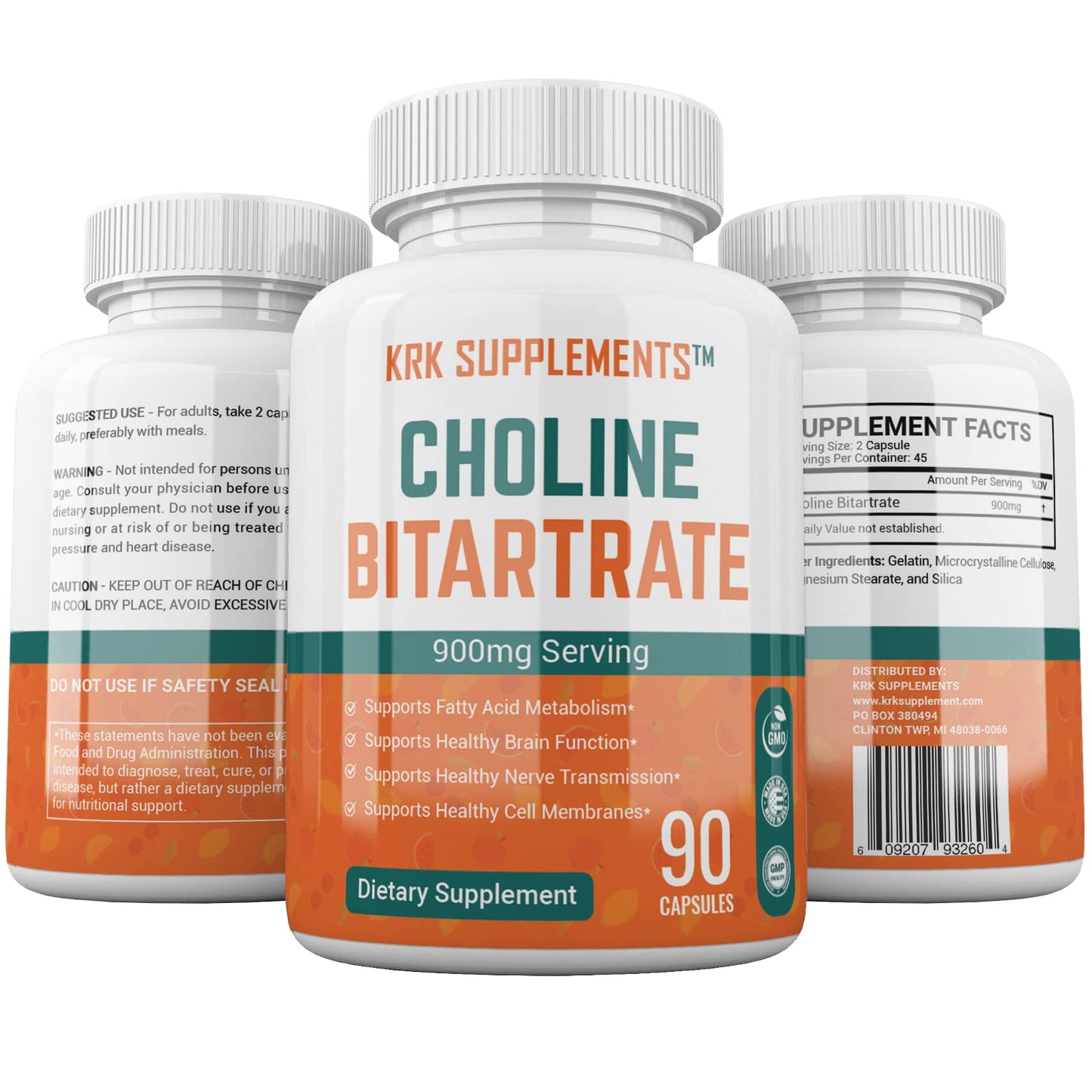 KRK SUPPLEMENTS Choline Bitartrate 900mg Capsules, 90 Capsules