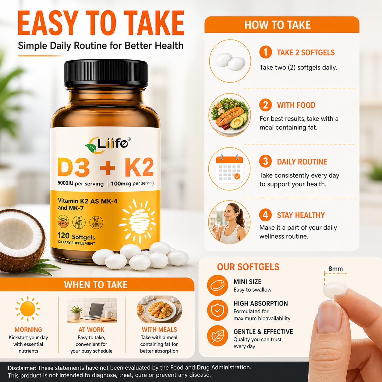 LIIFE Vitamin D3 + K2 (5000 IU D3 / 100mcg MK7 and MK4) Supplement for Immune Support, Bone & Heart Health Softgels 120