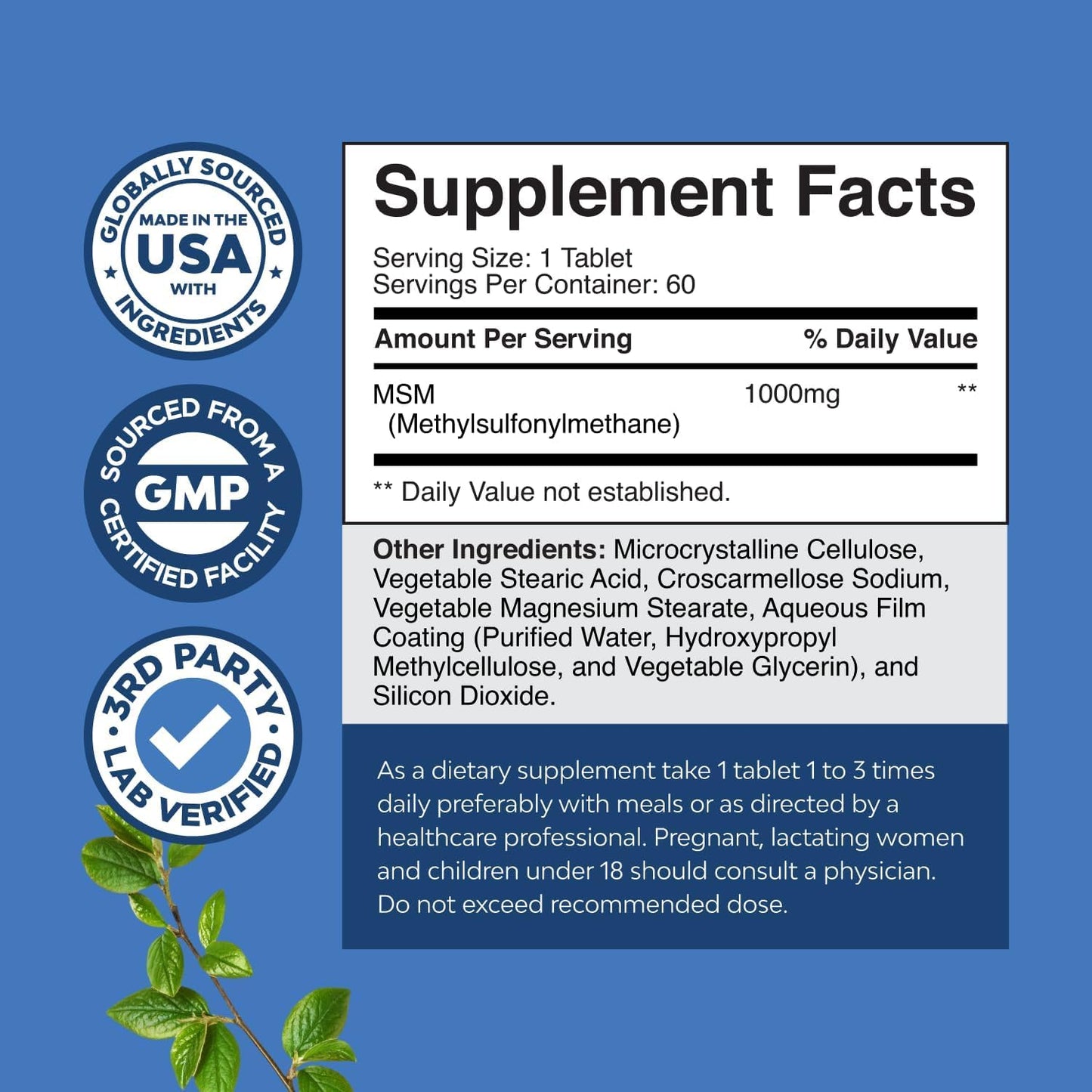 Natures Craft Pure MSM Supplement Tablets, 60 Count