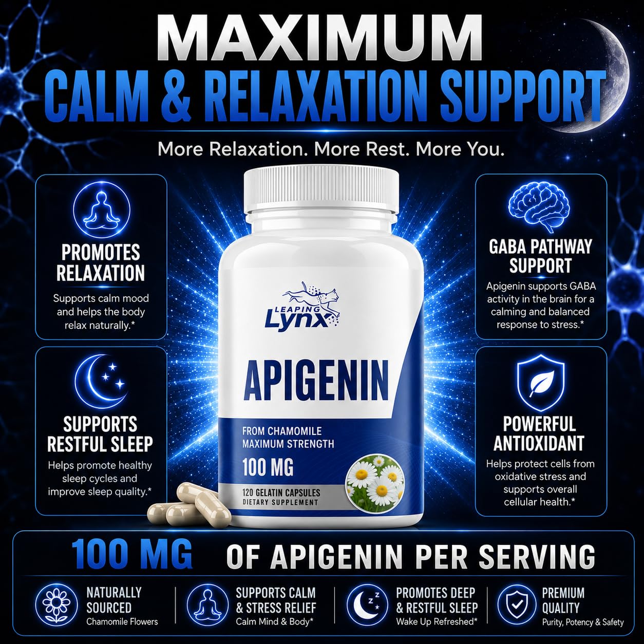 Leaping Lynx Apigenin 100 mg Per Serving (50 mg Per Capsule) Powder 12.5 oz