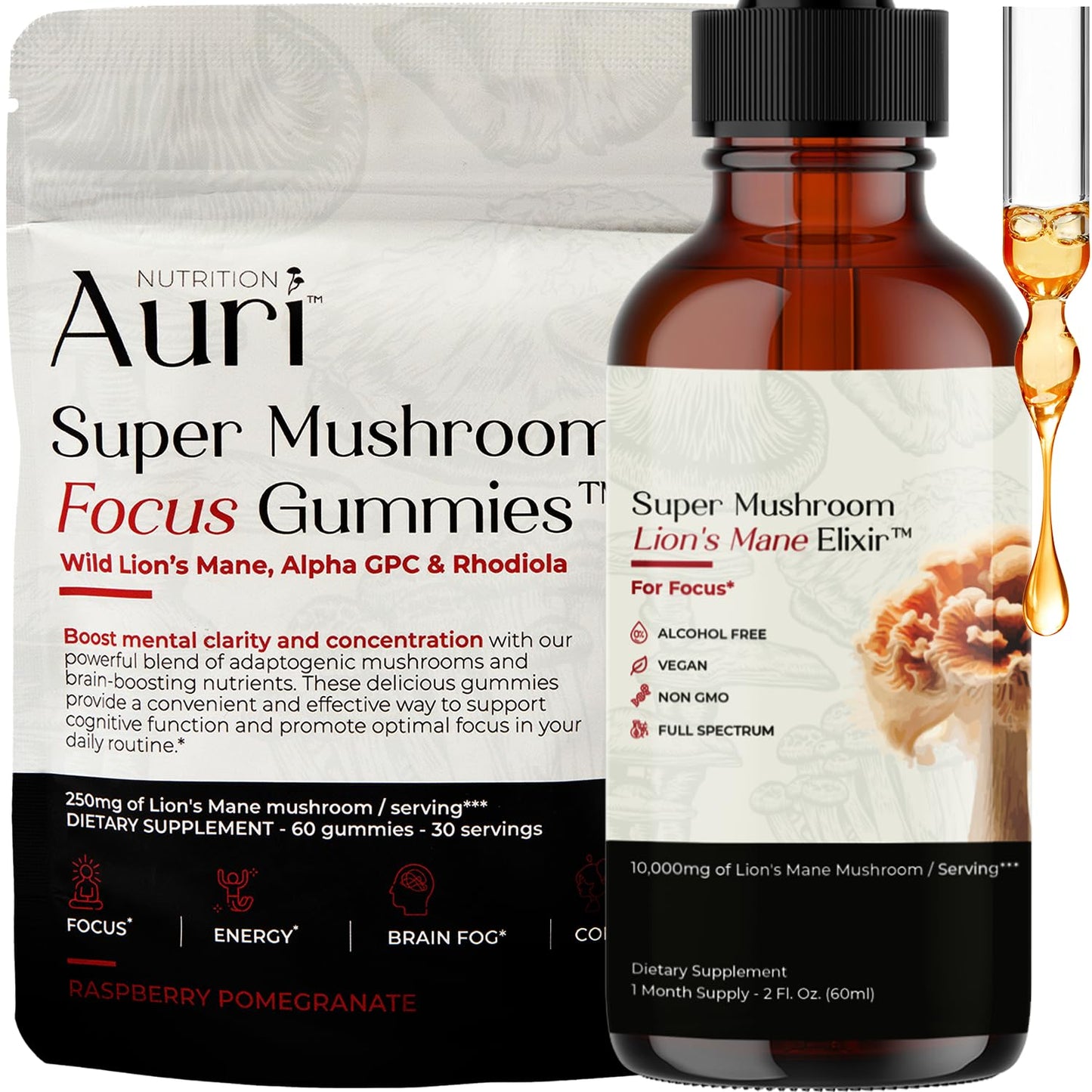 Auri Focus Gummies & Brain Boost Elixir Bundle - 2-Pack, Gummy Focus Gummies & Lion’s Mane Liquid Elixir, 60 Gummies and 60ml