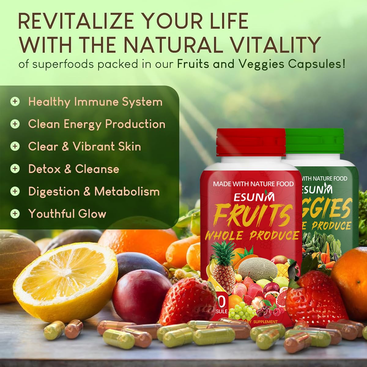 ESUNM Fruits and Veggies Supplement Capsules, 180 Count