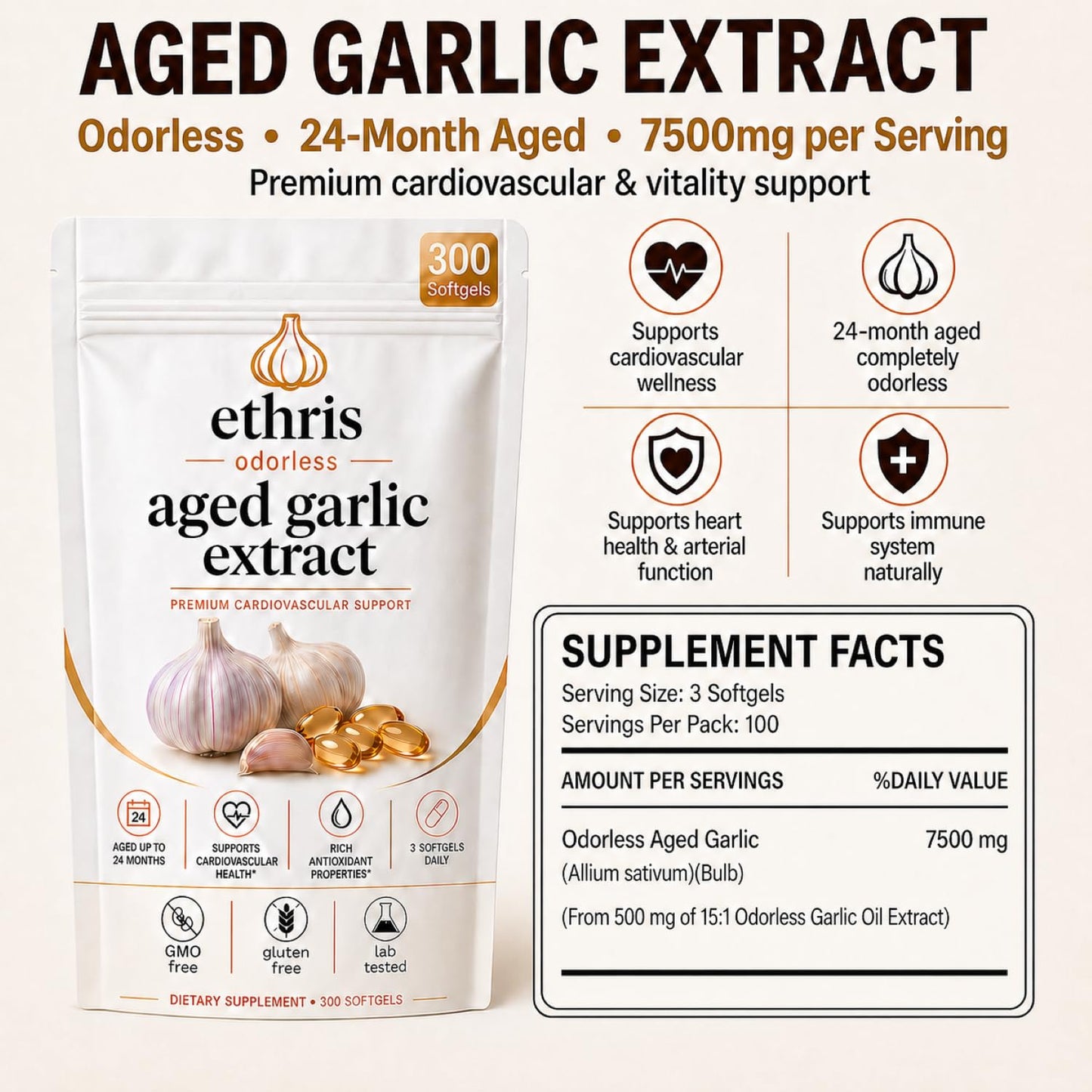 OIMTUE Nuvapure Aged Garlic Ethris Aged Garlic Extract Odorless Softgels Capsules 300 Count
