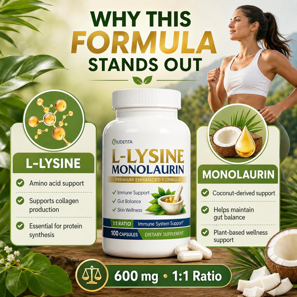 NUDENTA Monolaurin and Lysine Supplement, L-Lysine & Monolaurin 600mg 1:1 Ratio Capsules, 100 Count