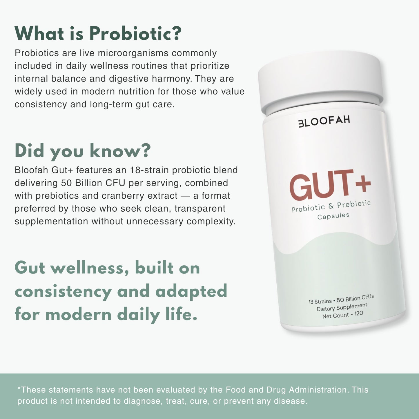Bloofah Gut+ Probiotic & Prebiotic Capsules for Women, 50 Billion CFU, 18-Strain Formula with Cranberry Extract, Daily Gut & Digestive Support, 120 Capsules