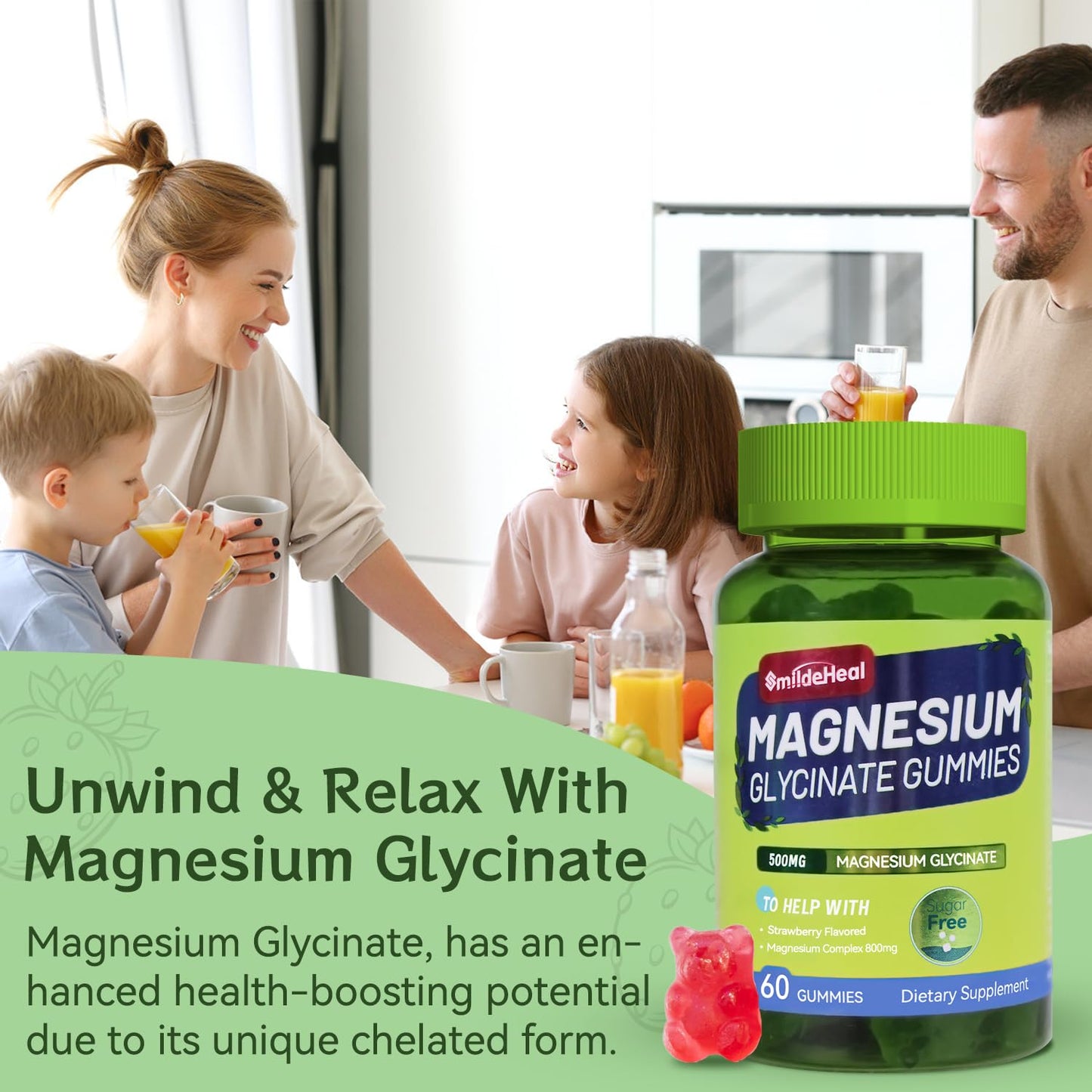 SmildeHeal Magnesium Glycinate Gummies 500mg with L-Threonate 300mg, Sugar-Free Magnesium Potassium Supplement with Vitamin D, B6, CoQ10 - Strawberry Flavored, 120 Gummies