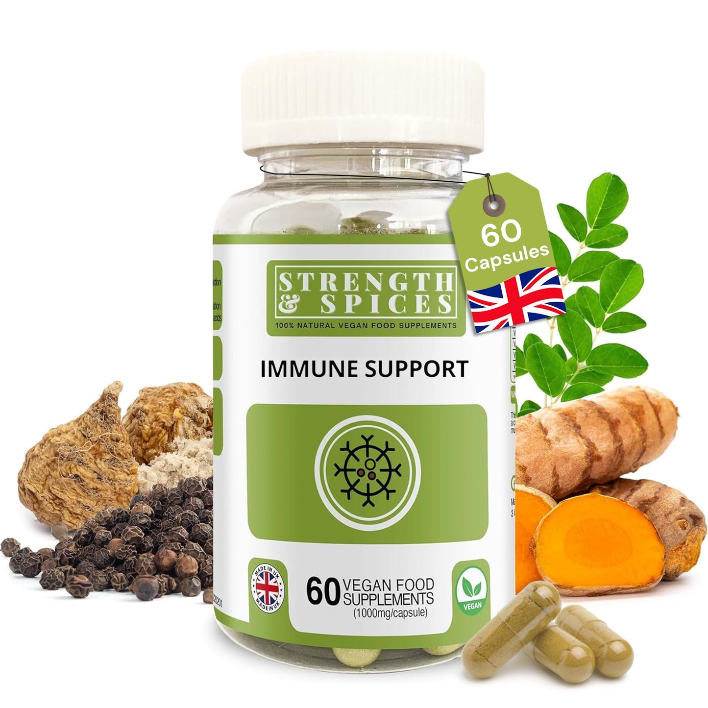 Strength & Spices Immune System Booster with Turmeric, Black Pepper, Moringa & Maca, Antioxidant-Rich Blend 60 Capsules