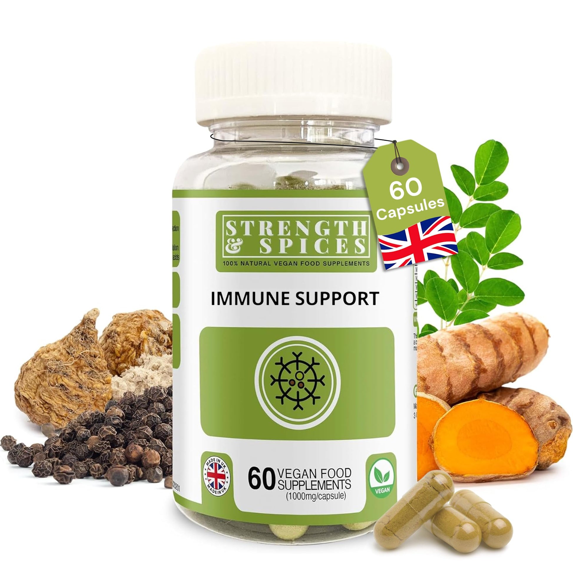 Strength & Spices Immune System Booster with Turmeric, Black Pepper, Moringa & Maca, Antioxidant-Rich Blend 60 Capsules