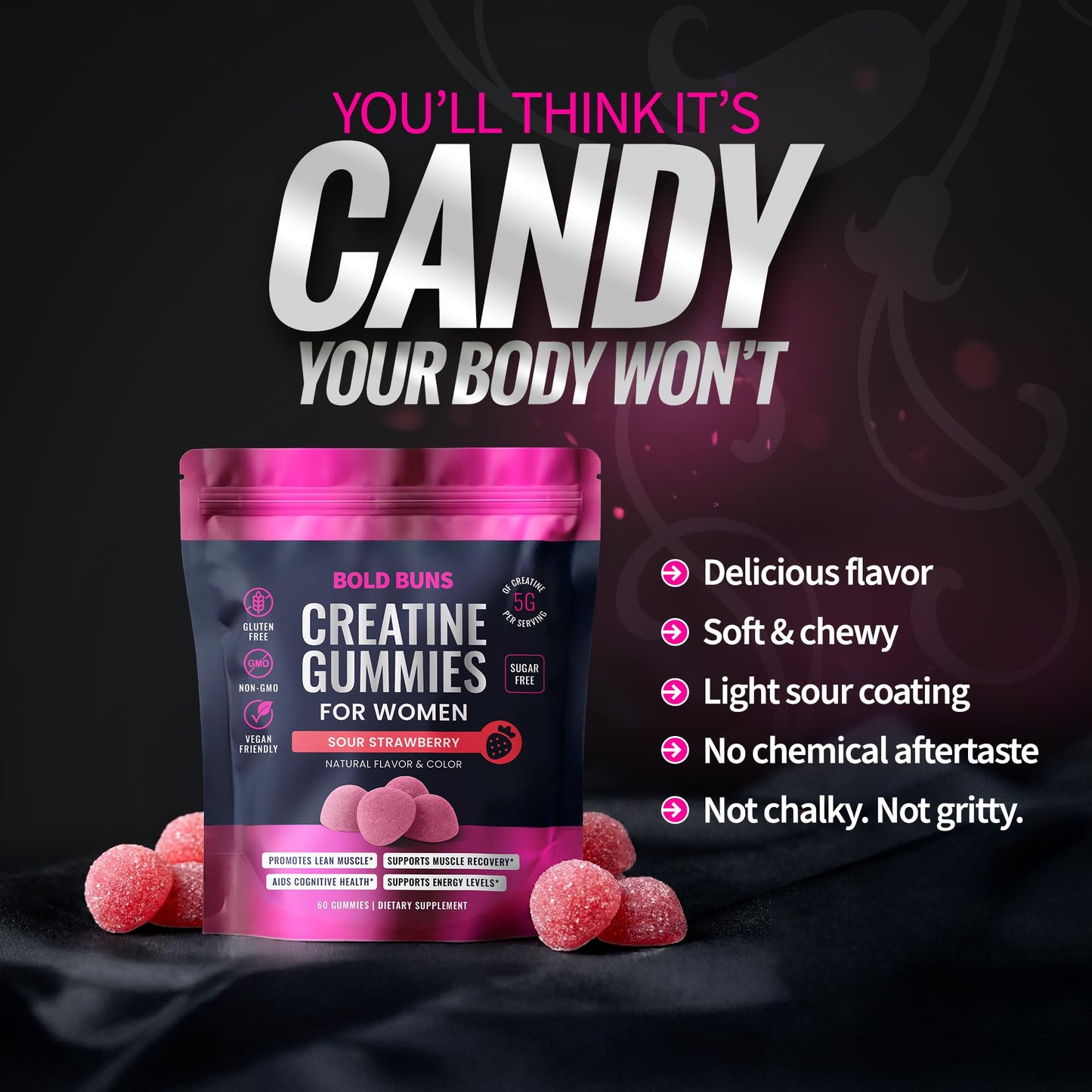 Bold Buns Creatine Monohydrate Gummies for Women 60 Count