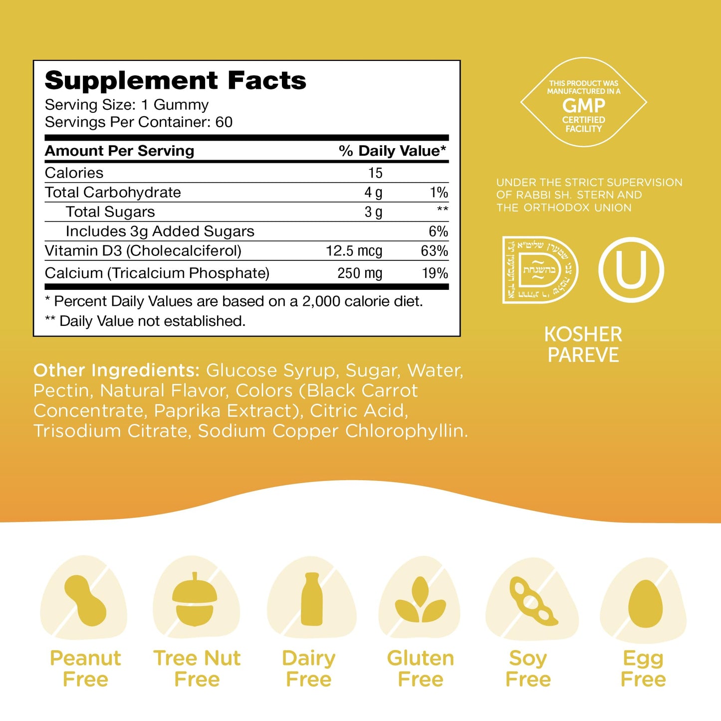 Zahler Yummy Kids Calcium Gummies - Non-GMO Gluten Free 250mg Calcium with Vitamin D3, Supports Strong Bones & Teeth in Toddlers and Children, 60 Gummies