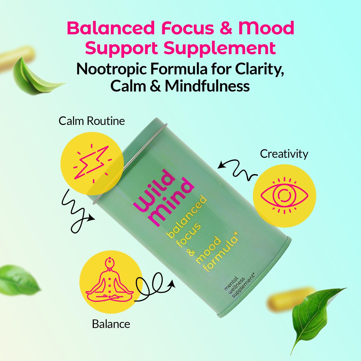 Wild Mind Mental Clarity Balanced Focus & Mood Support Supplement for Mental Wellness, 90 Capsules