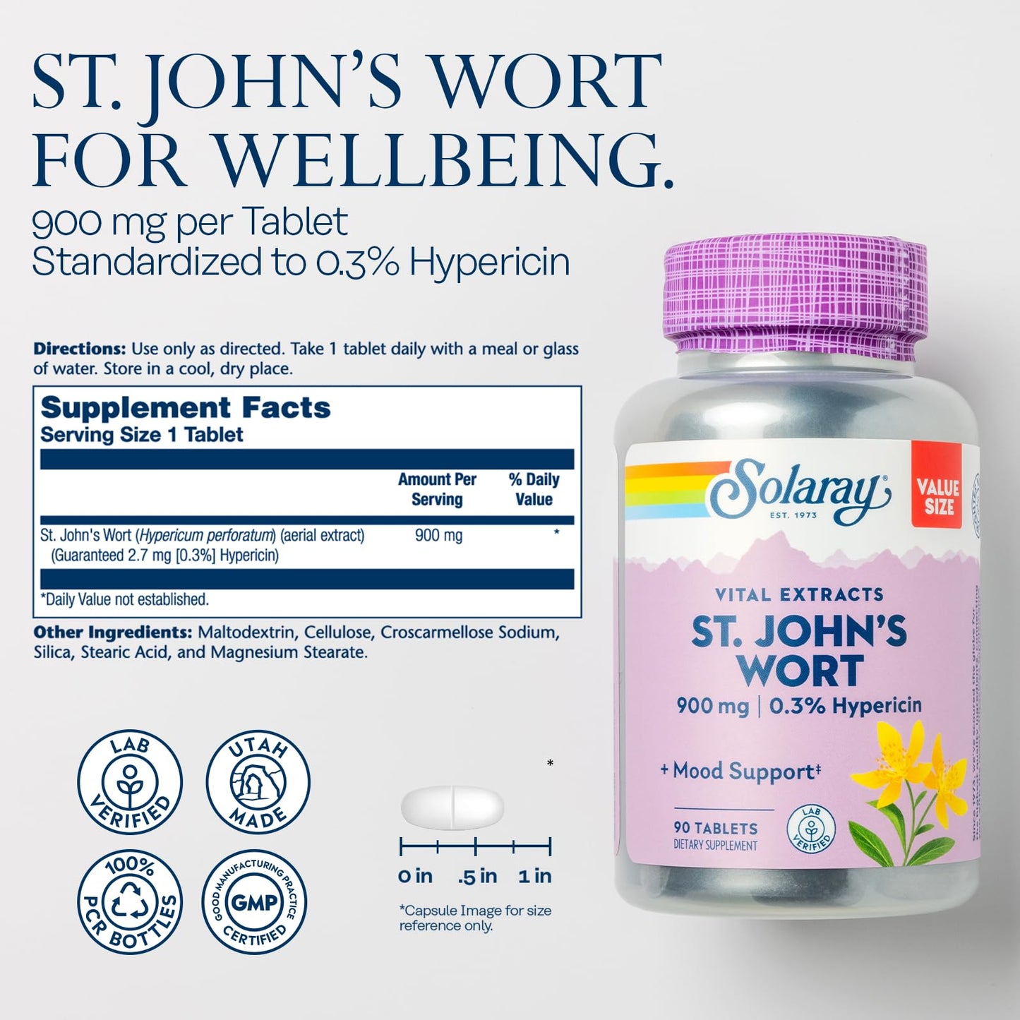 SOLARAY St. Johns Wort Aerial Extract One Daily 900mg (0.3% Hypericin) 90 Tablets