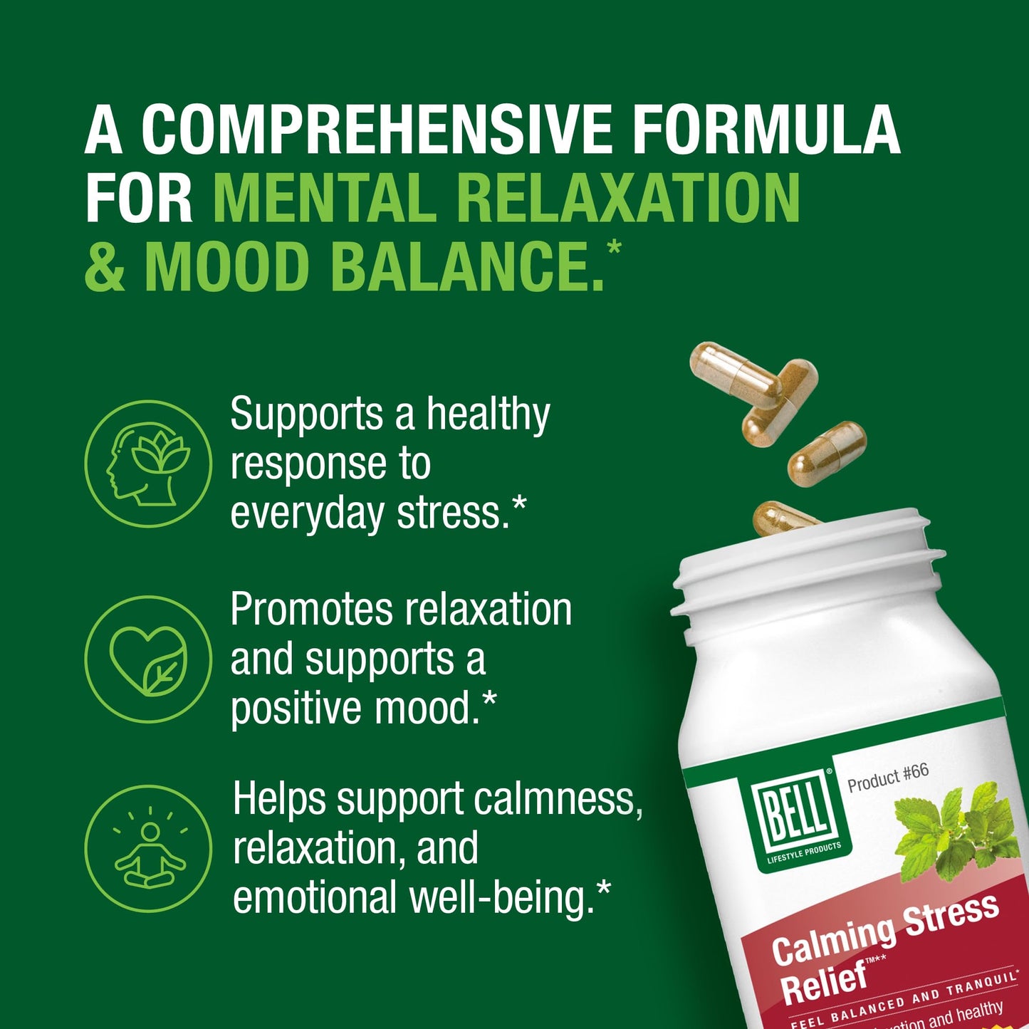 Bell Lifestyle Calming Stress Relief Herbal Blend with 5-HTP & GABA for Stress Support and Relaxation, 60 Capsules