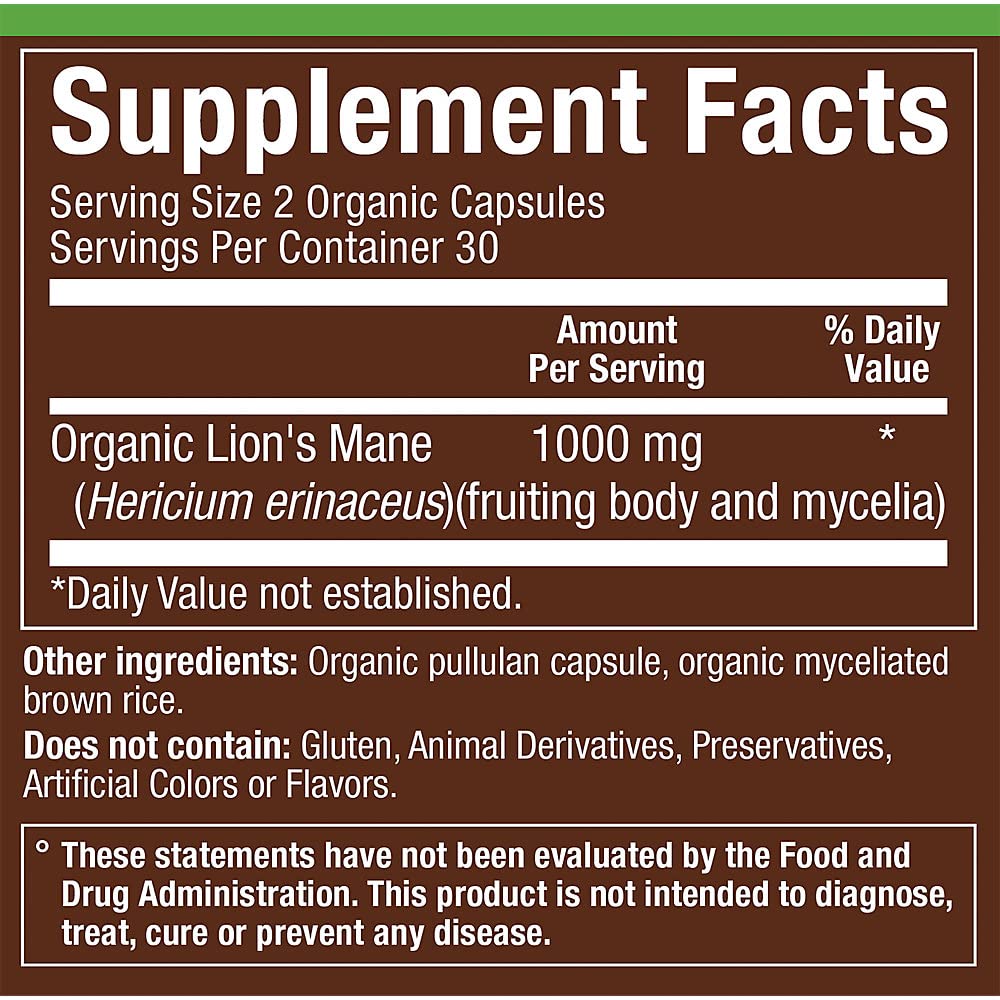 plnt Organic Lion's Mane Supports Nerve & Brain Health 1000 mg Capsules, 60 Count