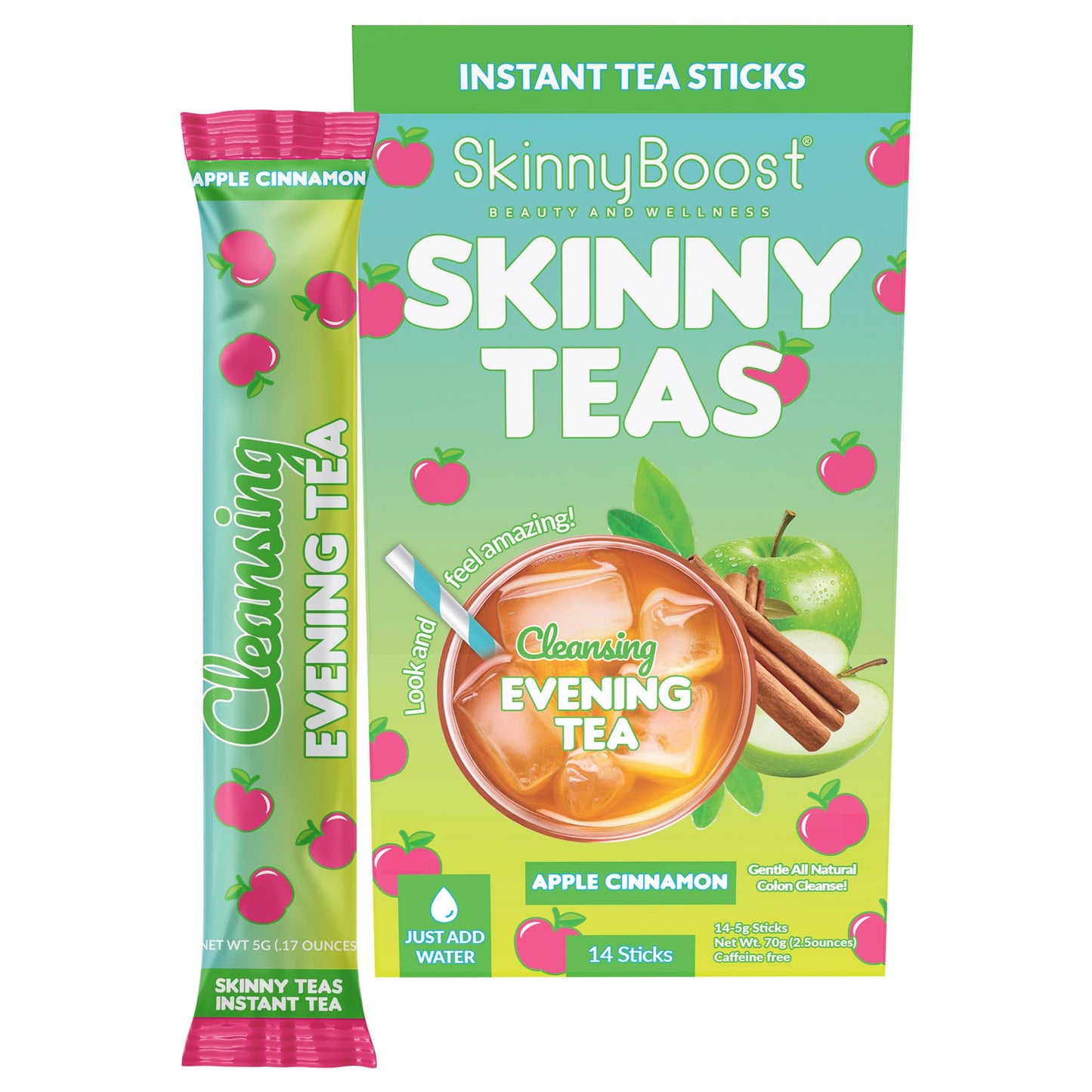 SkinnyBoost Skinny Teas Instant Tea Sticks – Cleansing Evening Tea – Herbal Detox Blend with Colon and Body Cleansing Herbs Gentle Cleanse, Reduce Bloat (Apple Cinnamon) Powder 14 Ct