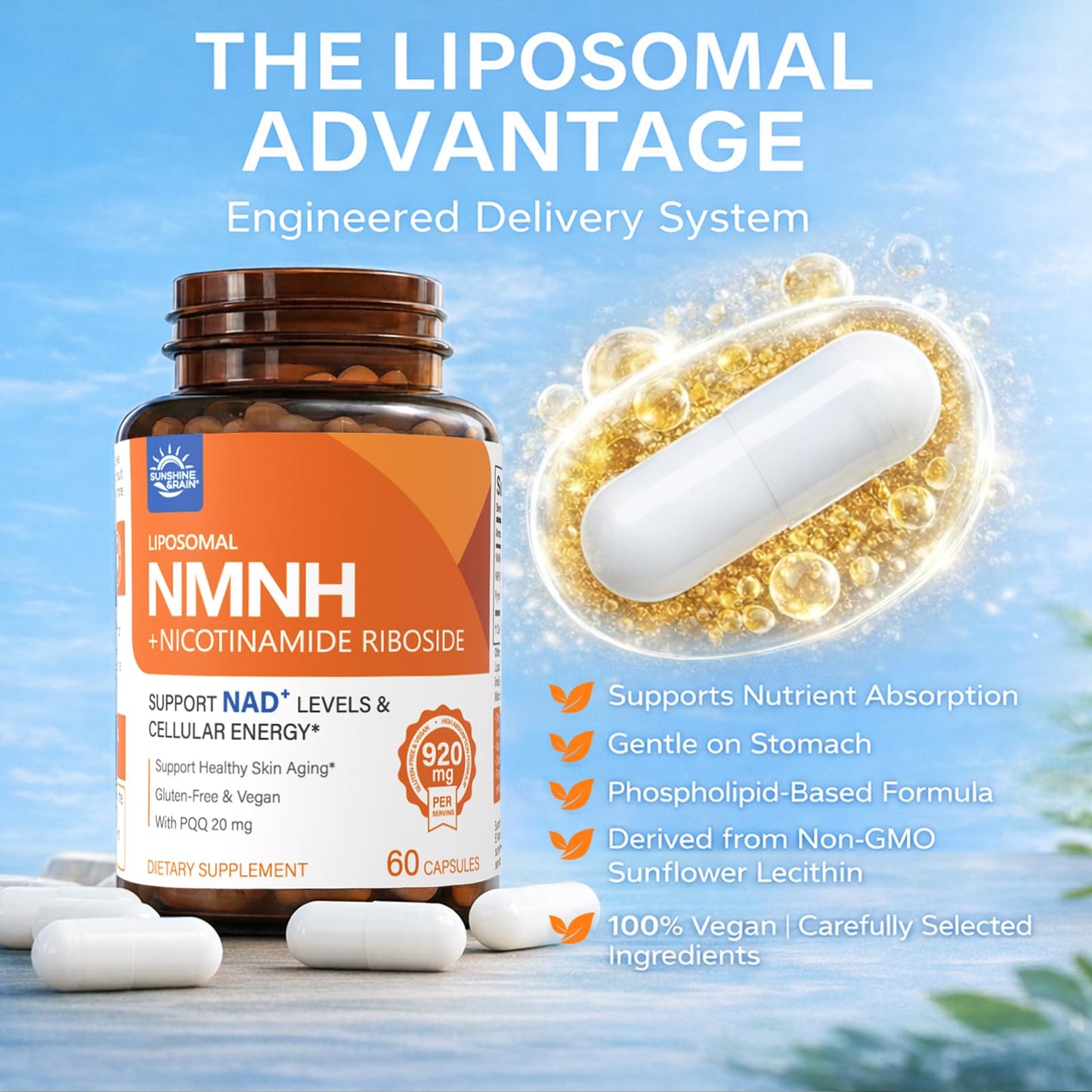 Sunshine & Rain Liposomal NMNH NR PQQ NAD⁺ Support Capsules, 180 Capsules