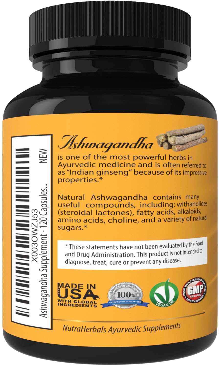 NUTRAHERBALS Organic Ashwagandha Root Powder 1200mg Capsules, 120 Count