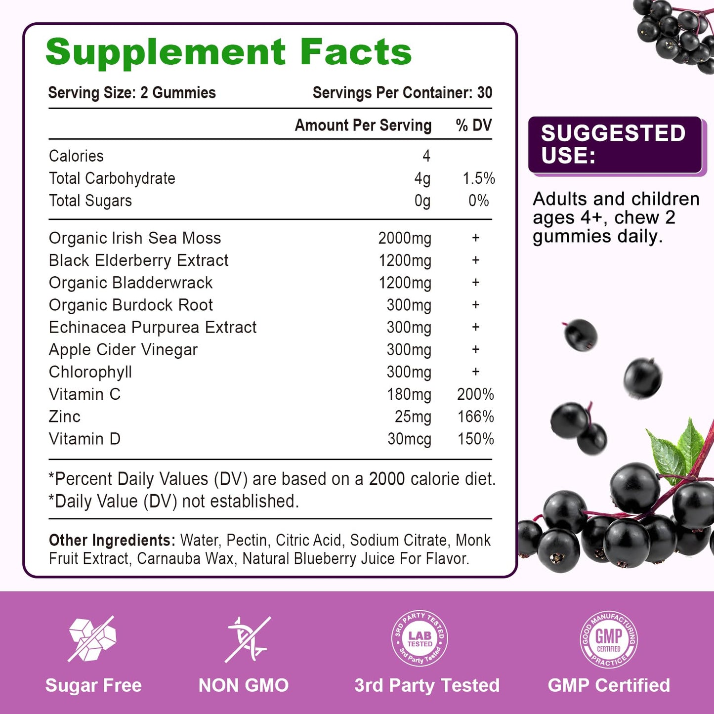 Vazatisi Elderberry Gummies with Sea Moss, Extra Strength Elderberry with Vitamin C, Zinc for Immune Support, Blueberry Flavor, 120 Gummies