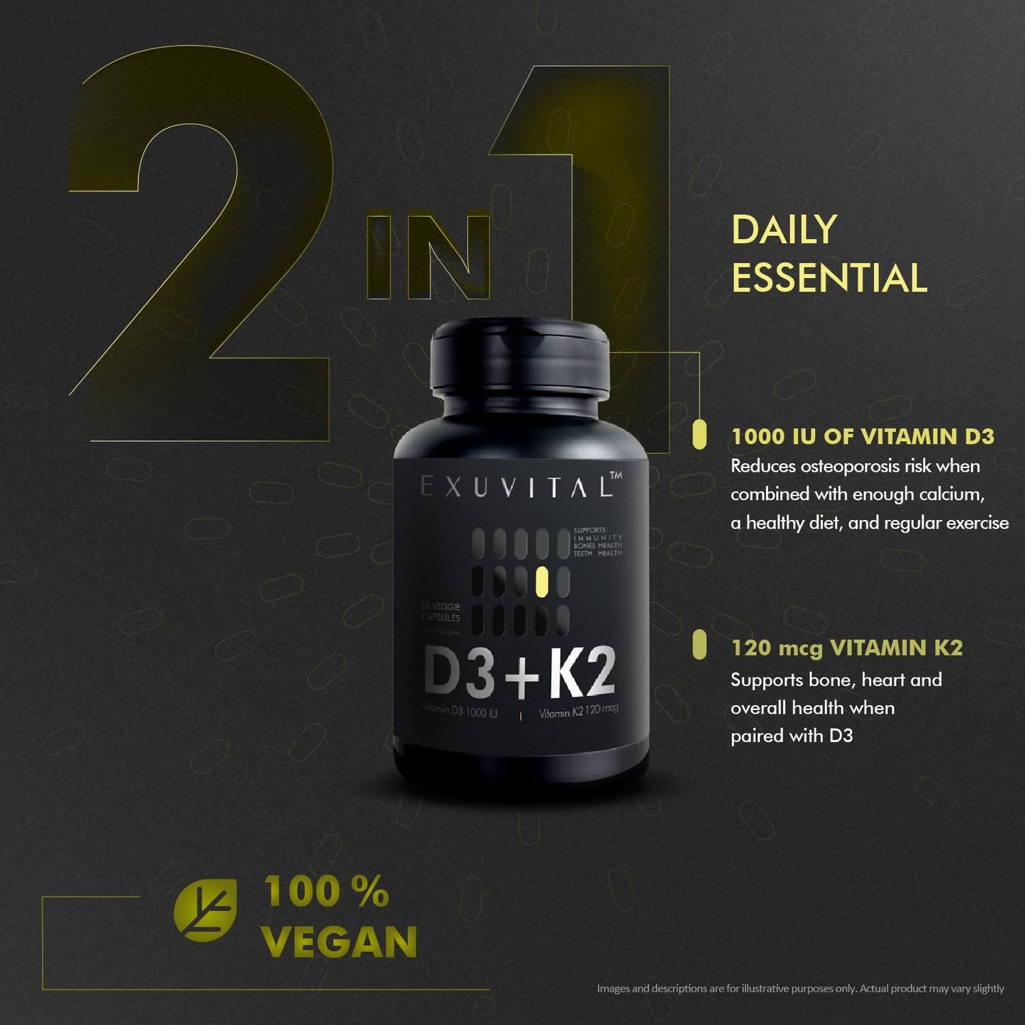 EXUVITAL D3 & K2 Vitamin Supplement Capsule, 60 Capsules