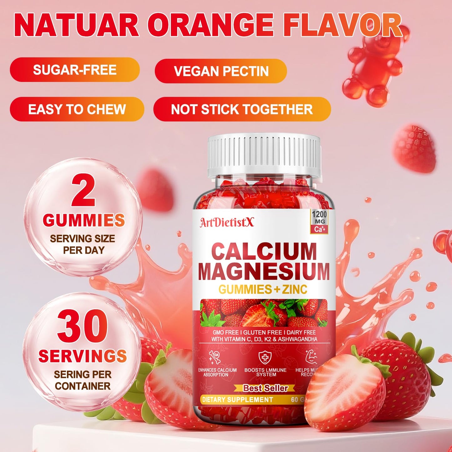 ArtDietistX Calcium Magnesium Zinc Gummies with Vitamin D3 for Adults, Calcium Citrate 1200mg with K2, Boron, Copper and Ashwagandha, 120 Gummies