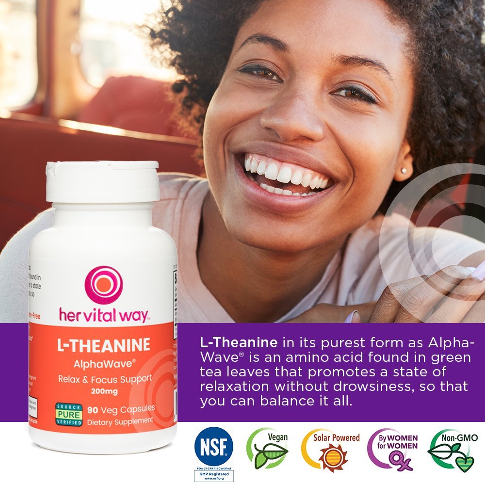 Her Vital Way L-Theanine Extra Strength 200mg Relax & Focus Support with AlphaWave Capsule, 90 Count
