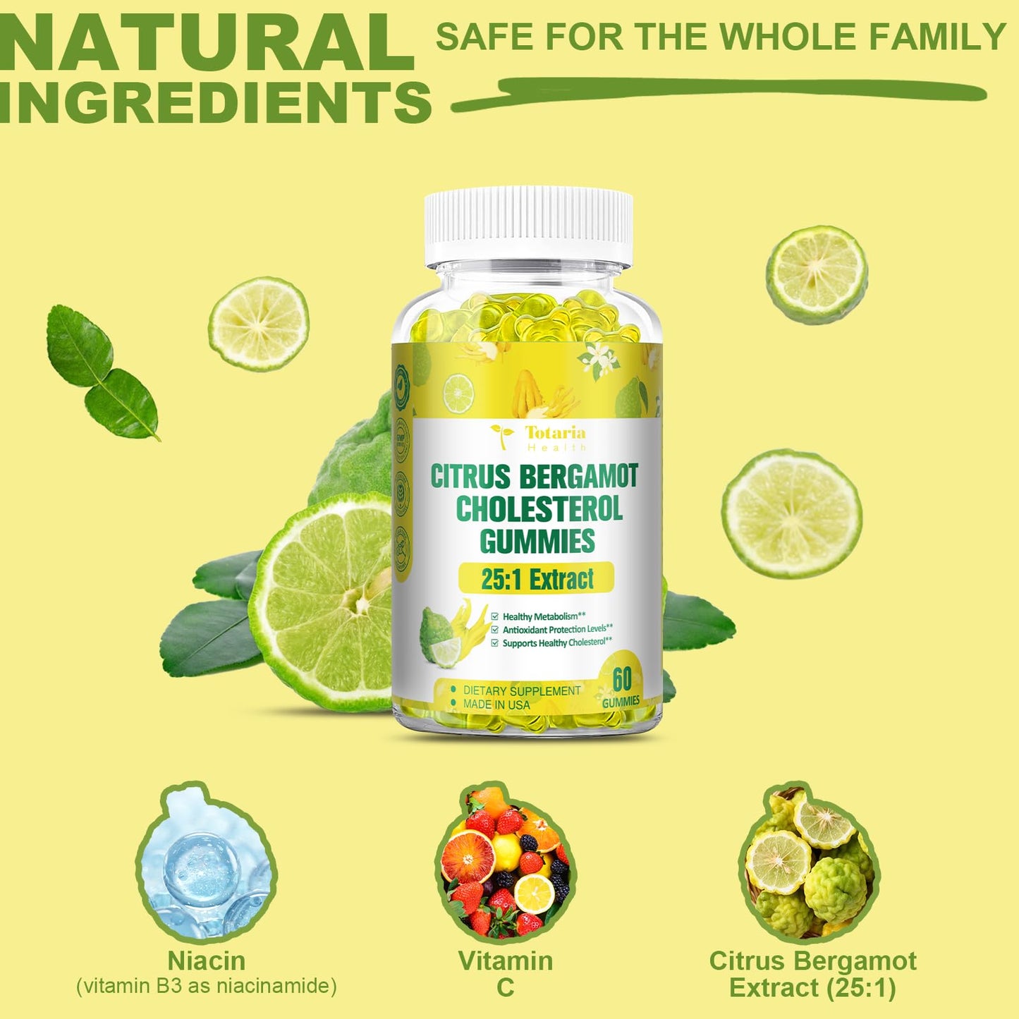 Totaria Sugar Free Citrus Bergamot Gummies - 25:1 Extract from Italian Bergamot, 60 Gummies