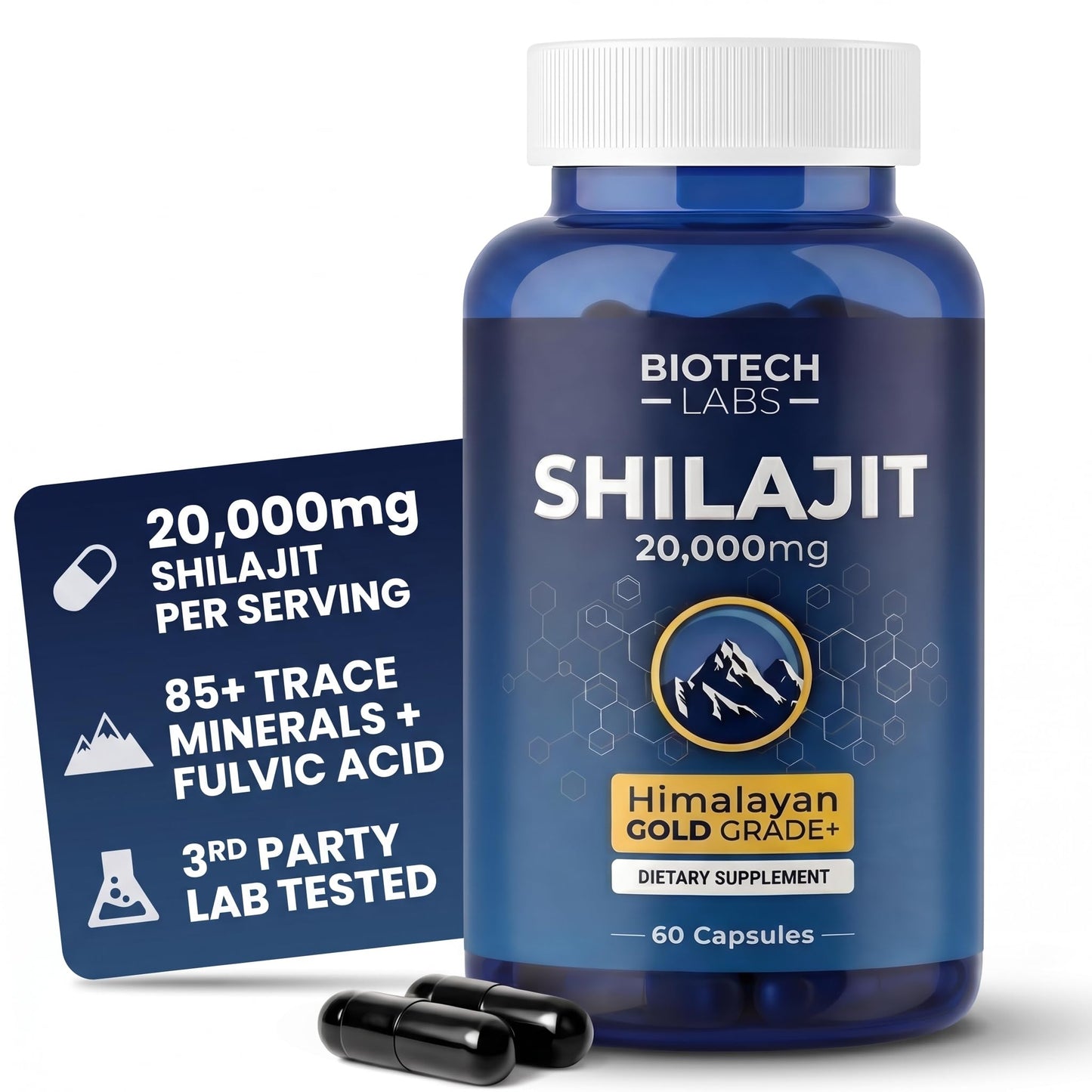 Generic Biotech Labs Shilajit 20,000mg – Gold Grade Himalayan Extract | High Fulvic Acid, 85+ Trace Minerals | Energy, Vitality & Testosterone Support | Men’s Wellness & Performance | 60 Capsules