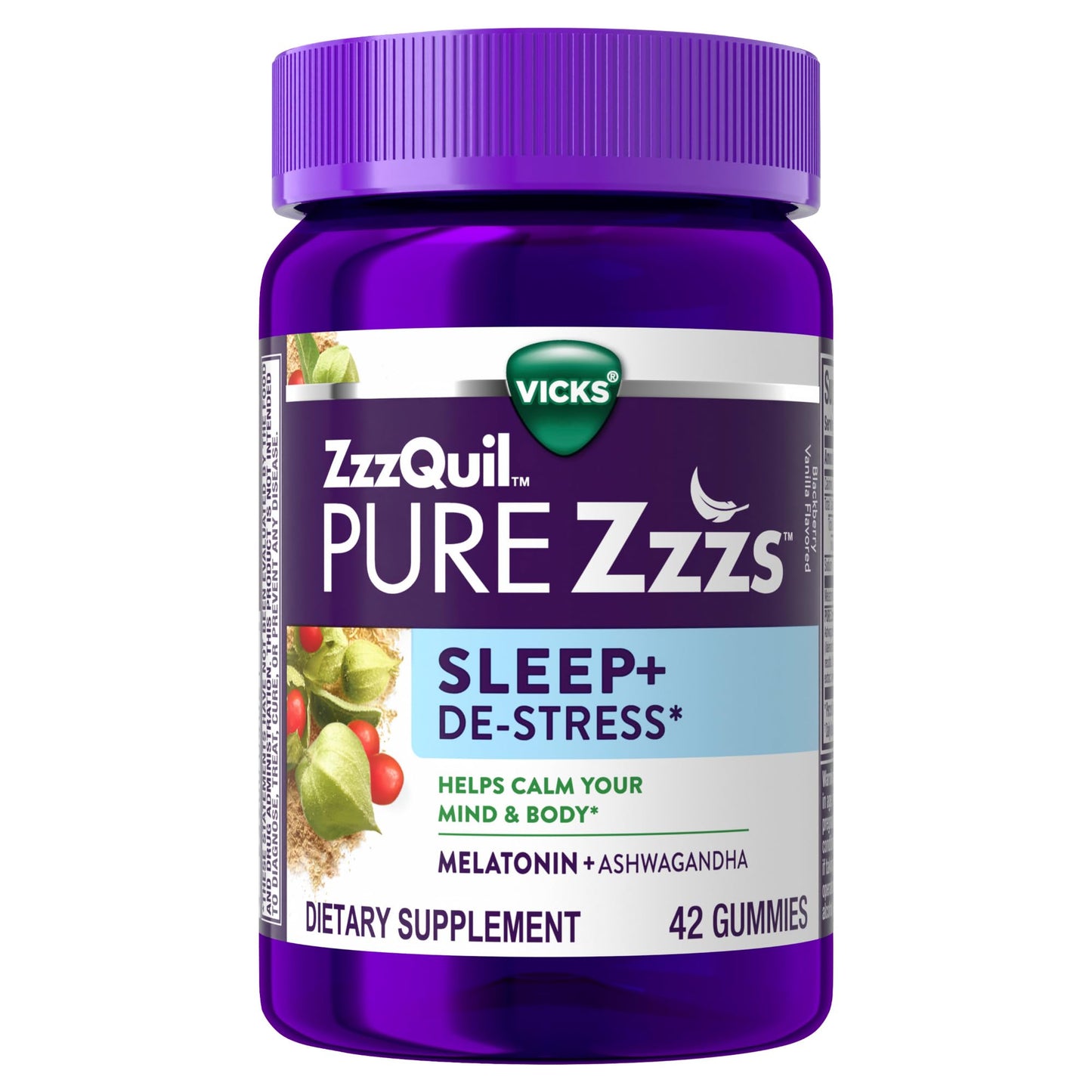 ZzzQuil PURE Zzzs De-Stress Melatonin Sleep Aid Gummies, 1 mg per gummy, 42 Count