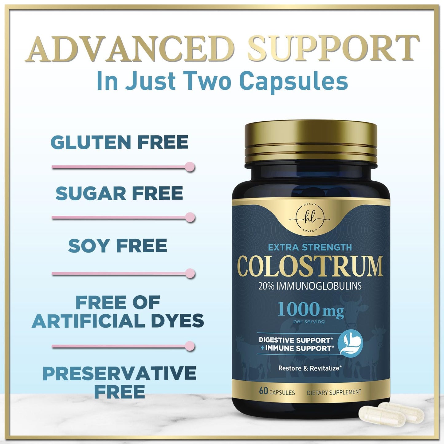 Hello Lovely! Bovine Colostrum Powder 1000mg Per Serving with Immunoglobulins (IgG) for Immune Support, Energy & Gut Health Supplement, SP Colostrum Powder Pills, Gluten Free, Bottled in USA - 60 Capsules