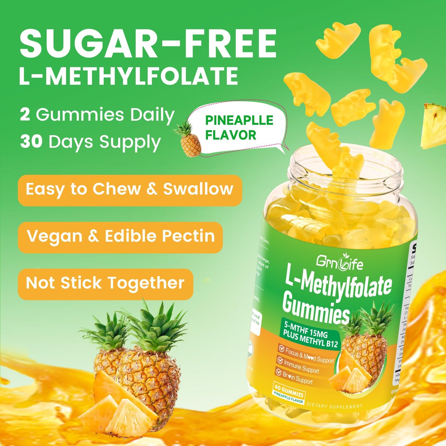 GrnLife L-Methylfolate 15 mg Gummies with Methyl B12, Methylated B1, B2, B6, Active 5-MTHF & High Absorption - Supports Brain Health & Immune System, Pineapple Flavor, 60 Count