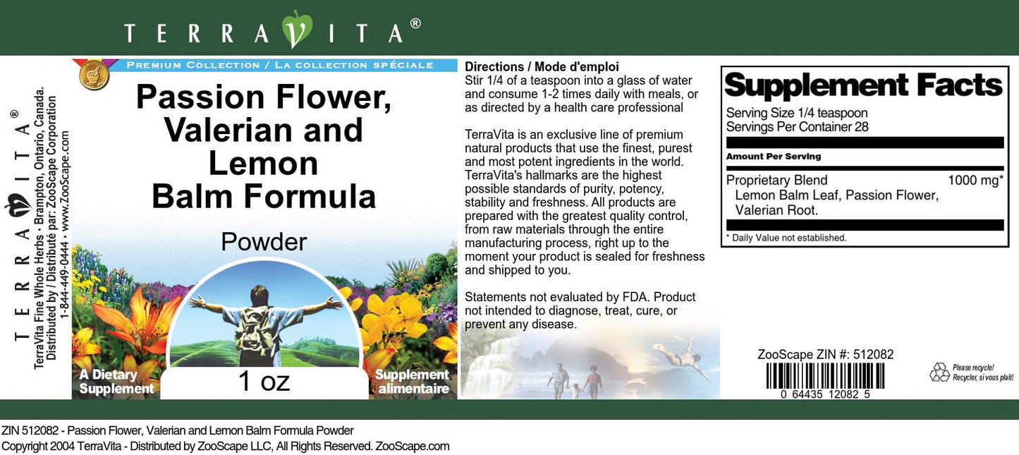 Terravita Passion Flower, Valerian and Lemon Balm Formula Powder, 1 oz