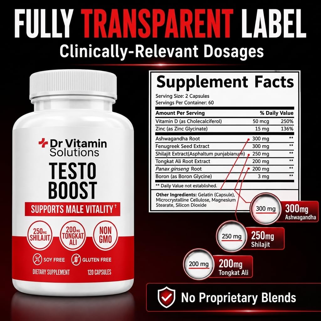 DR VITAMIN SOLUTIONS Testosterone Booster for Men - Tongkat Ali & Ashwagandha Capsules, 120 Capsules