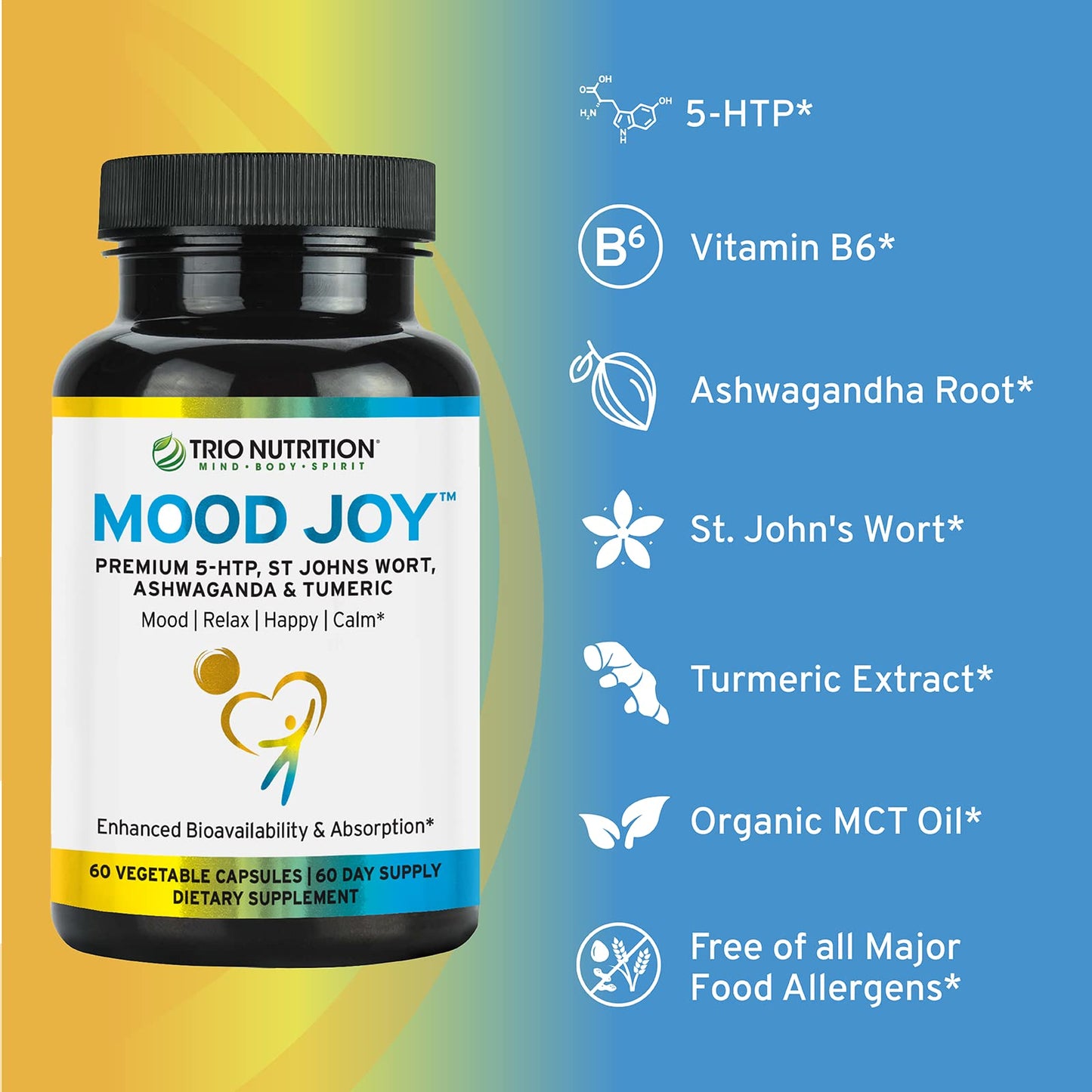 TRIO NUTRITION Mood Joy Turmeric & Ashwagandha Supplement with 5-HTP Capsules, 60 Count