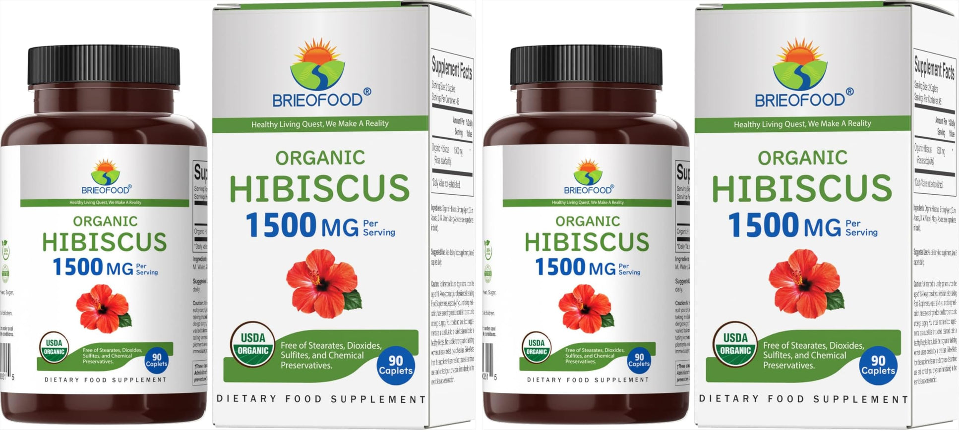 Brieofood Organic Hibiscus 1500mg Tablets, 180 Count