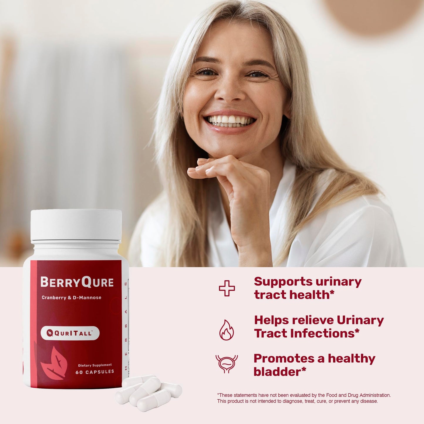 QurItAll BerryQure Cranberry & D-Mannose Supplements for Women, 60 Capsules