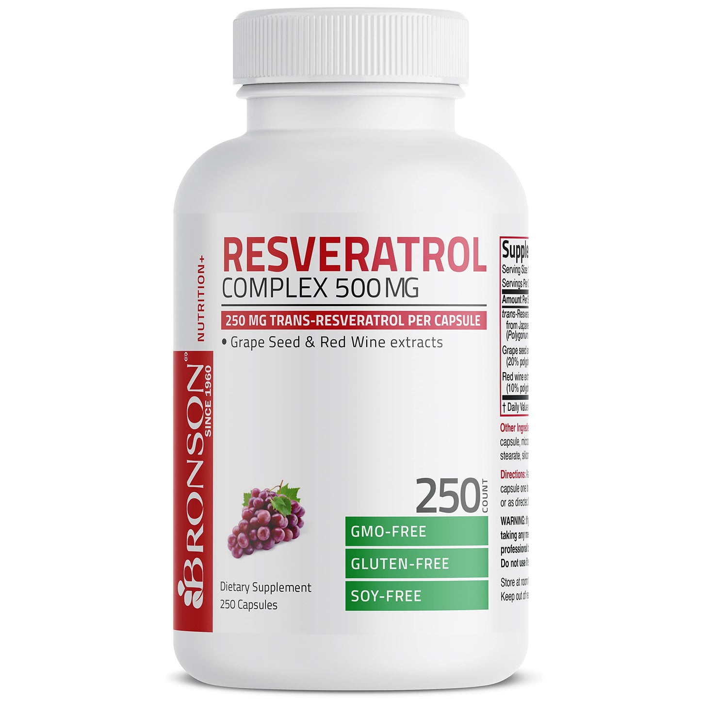 Bronson Resveratrol Complex 500 mg with Grape Seed & Red Wine, 250 Capsules