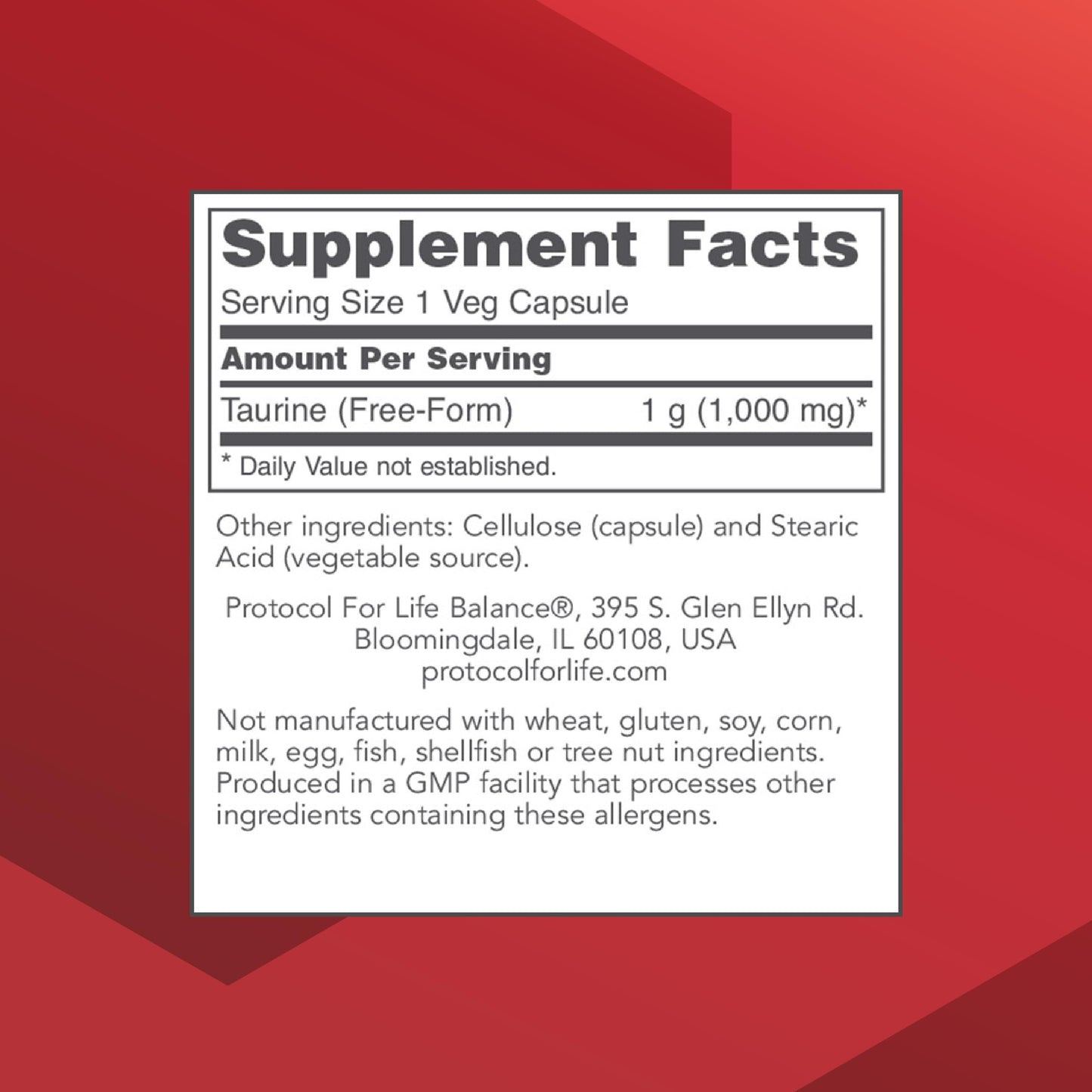 Protocol for Life Balance Taurine 1,000mg - Amino Acid Like - Muscle, Heart, Brain, and Eye Health Capsules, 100 Count
