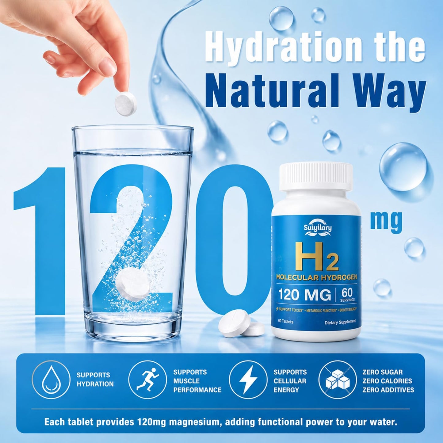 Suiyilary Hydrogen Water Tablets with 120mg Magnesium, H2 Molecular Hydrogen for Drinking Water, Rich in Antioxidants, Supports Cellular Health, Recovery, Immune & Brain Cognitive Function, 60 Tablets