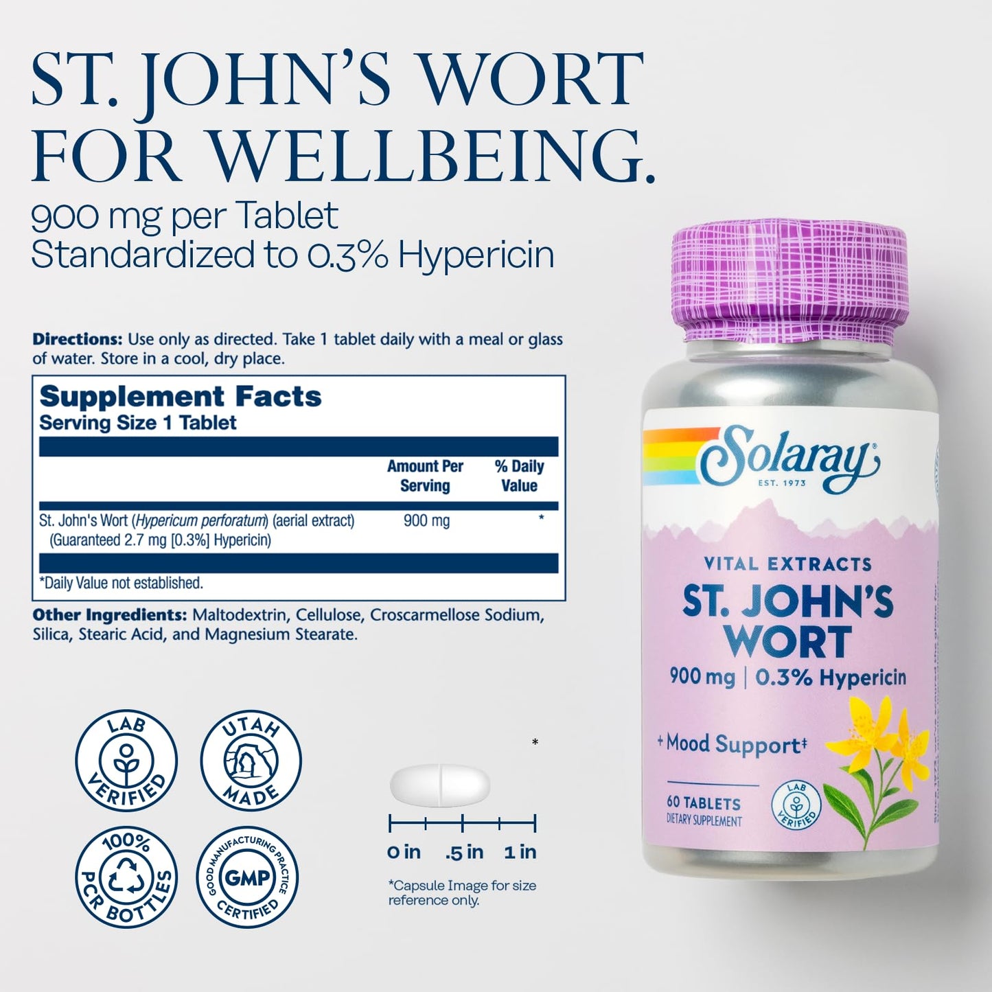 SOLARAY St. Johns Wort Aerial Extract One Daily 900mg, Standardized w/ 0.3% Hypericin for Mood Stability & Brain Health Support, Non-GMO, 60 Tablets