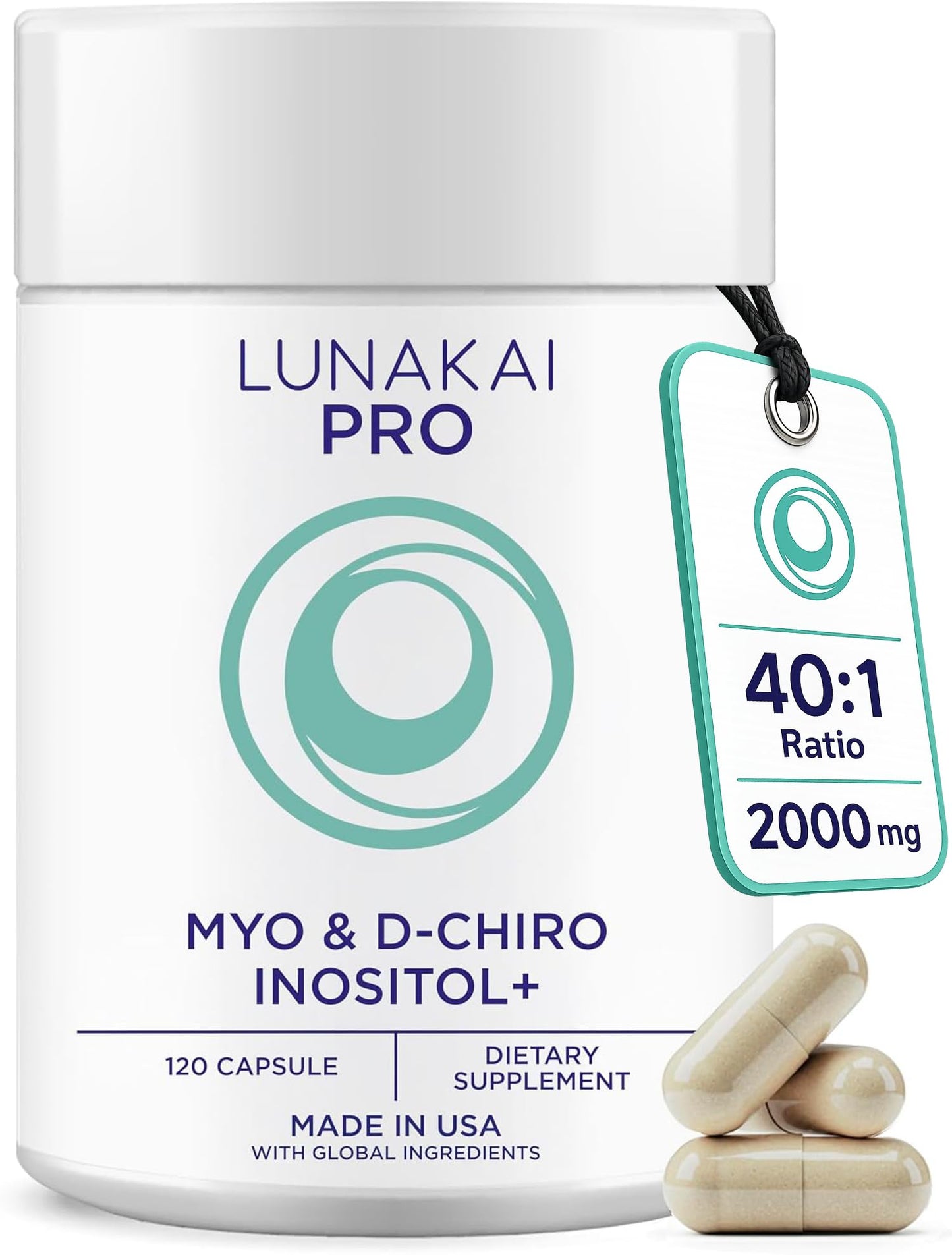 Lunakai Myo-Inositol D-Chiro Inositol for Women 40:1, 2000mg Capsule, 120 Count