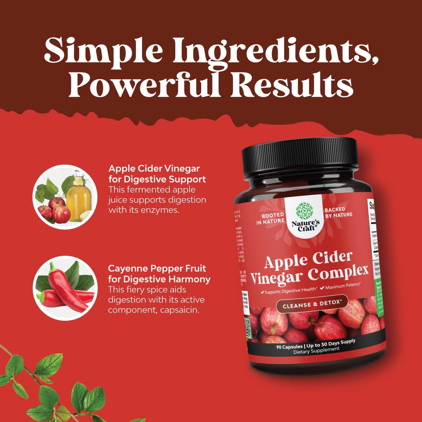 Natures Craft Apple Cider Vinegar Capsules - ACV Cleanse and Detox for Gut and Digestive Health with Cayenne, Extra Strength, 90 Capsules
