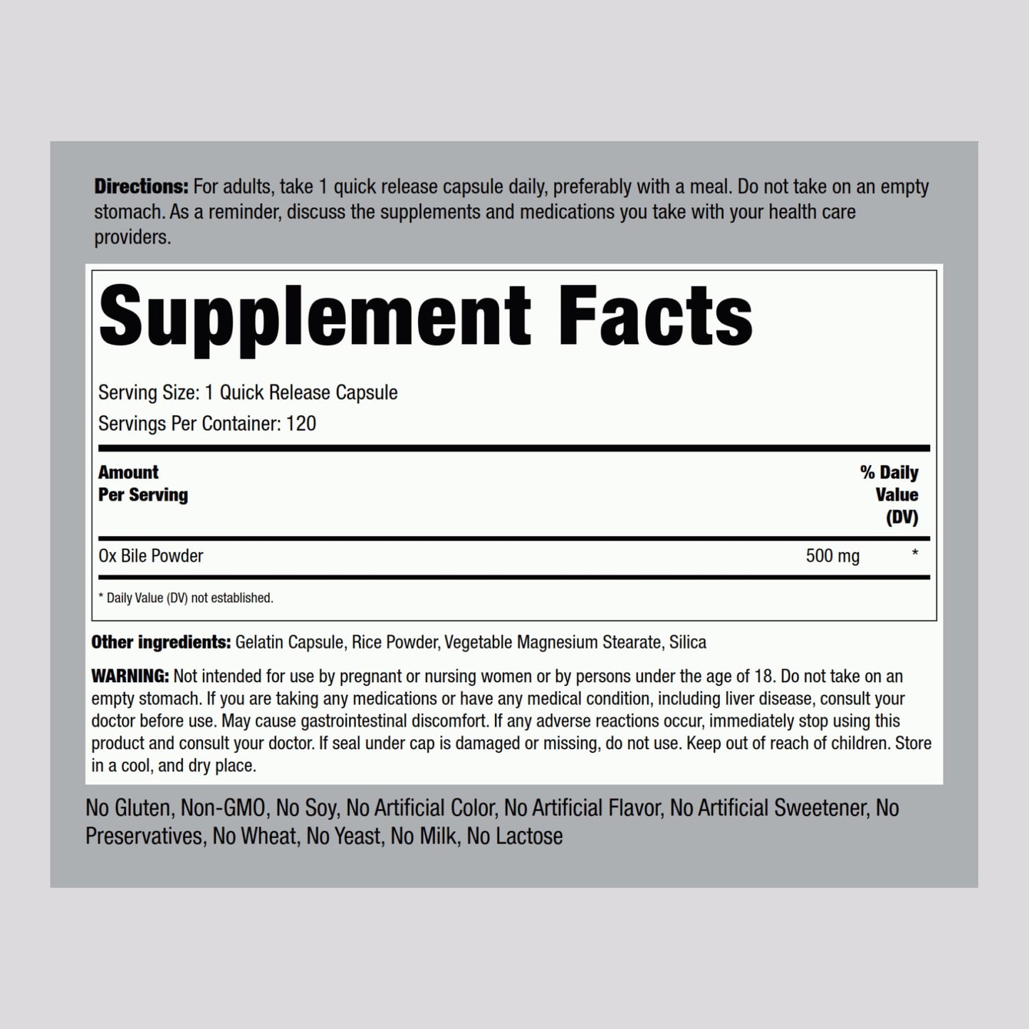 Piping Rock Ox Bile Supplement 500mg 120 Capsules