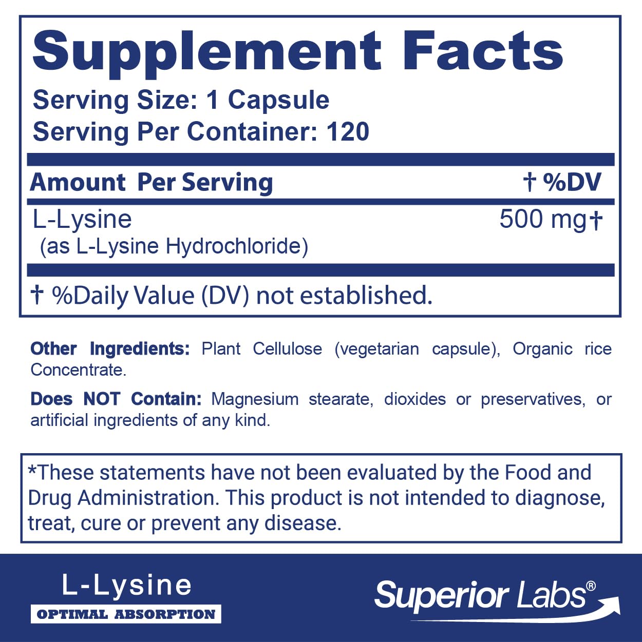 Superior Labs L-Lysine 500 mg Capsules, 120 Count
