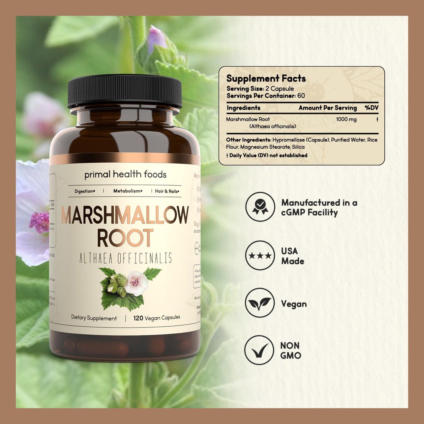 Primal Health Foods Marshmallow Root 1000 mg Capsules, 60 Count