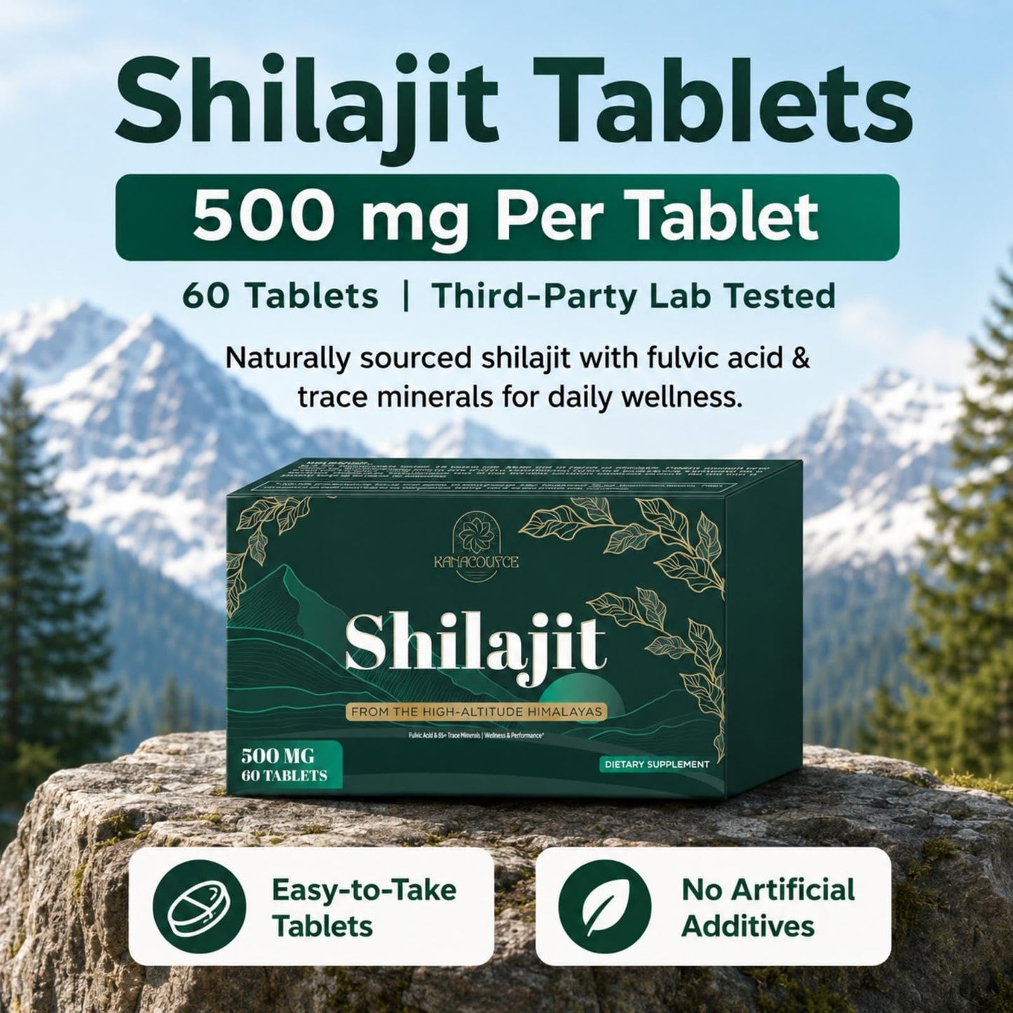 Kanacoufce Shilajit Tablets, Himalayan Organic Shilajit with Fulvic Acid & 85+ Trace Minerals, 60 Tablets