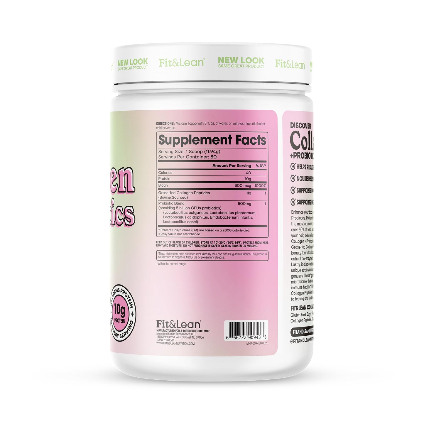 Fit & Lean Collagen + Probiotics, Peptide Powder 12.64 Ounce