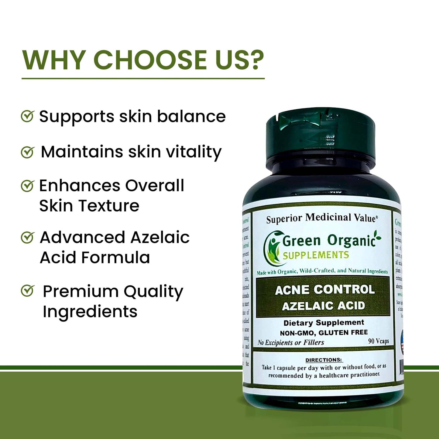 Green Organic Supplements Azelaic Acid Acne Support Capsules, 90 Capsules, Non-GMO, Gluten-Free, Pack of 5