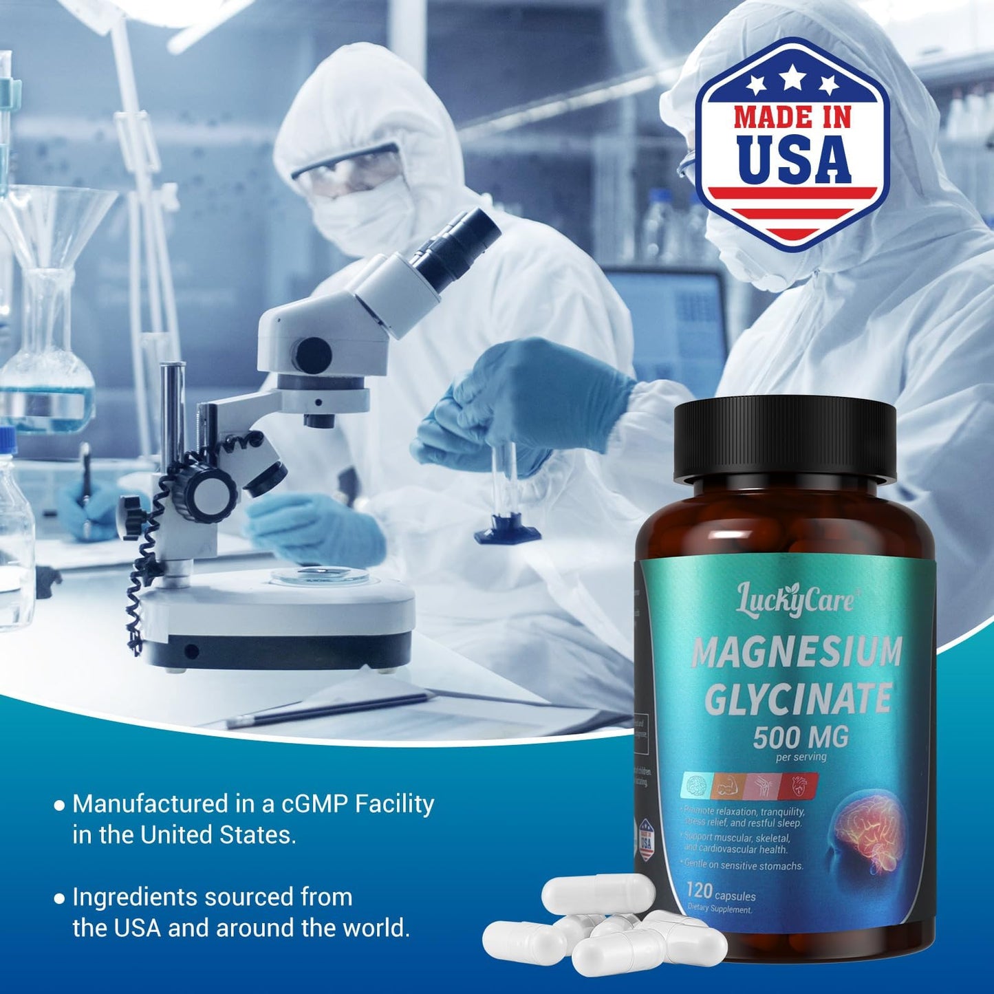Luckycare Magnesium Glycinate 500mg Capsule, 120 Capsules