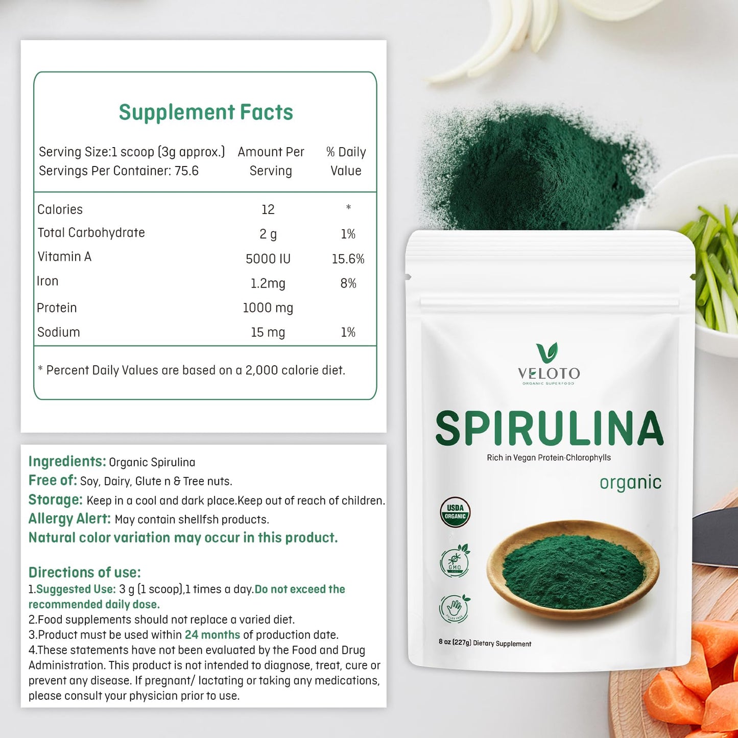 VELOTO USDA Organic Spirulina Powder, 8 oz