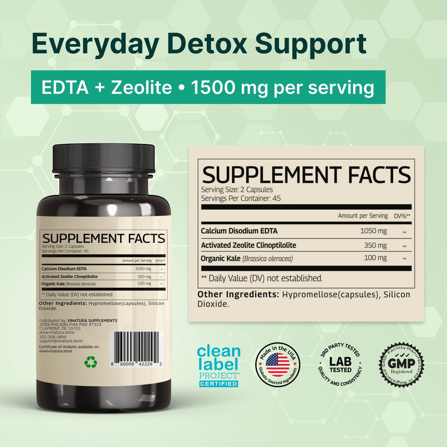 VINATURA EDTA Capsules 1500mg per Serving, Liver Support with Calcium Disodium EDTA & Kale Extract, 90 Capsules